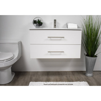 Volpa USA Napa 36" White Wall-Mounted Floating Modern Bathroom Vanity With Integrated Ceramic Top and Satin Nickel Round Handles