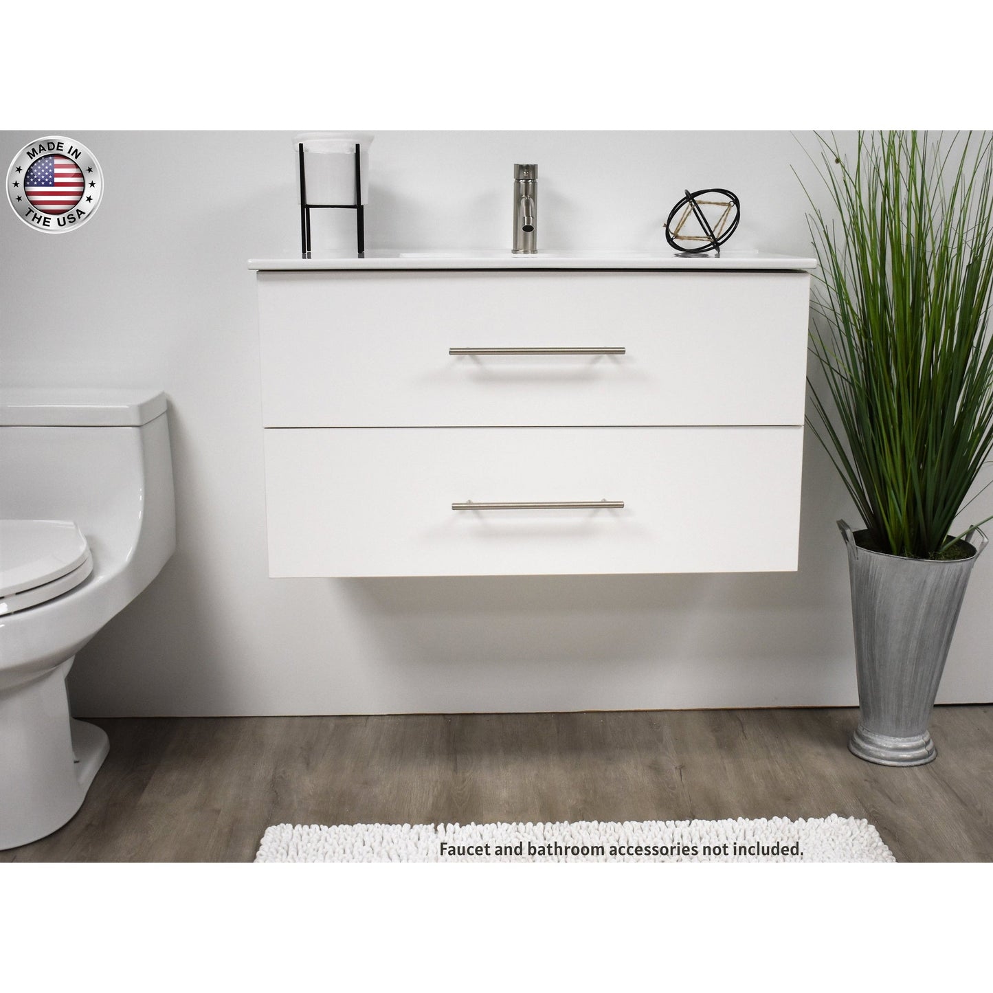 Volpa USA Napa 36" White Wall-Mounted Floating Modern Bathroom Vanity With Integrated Ceramic Top and Satin Nickel Round Handles