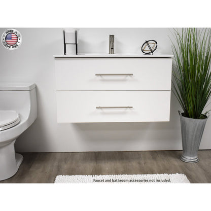 Volpa USA Napa 36" White Wall-Mounted Floating Modern Bathroom Vanity With Integrated Ceramic Top and Satin Nickel Round Handles