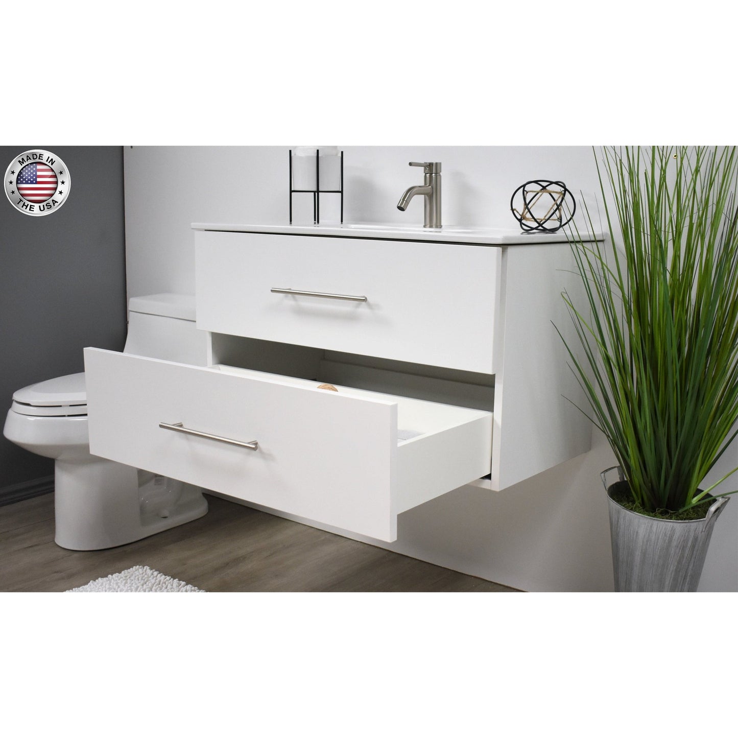 Volpa USA Napa 36" White Wall-Mounted Floating Modern Bathroom Vanity With Integrated Ceramic Top and Satin Nickel Round Handles