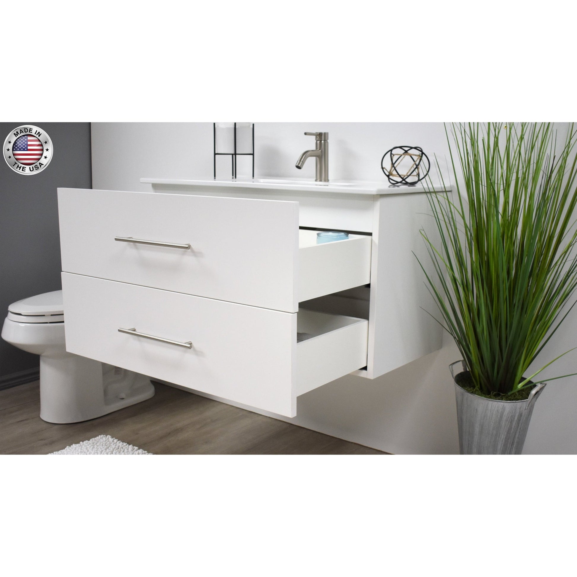 Volpa USA Napa 36" White Wall-Mounted Floating Modern Bathroom Vanity With Integrated Ceramic Top and Satin Nickel Round Handles