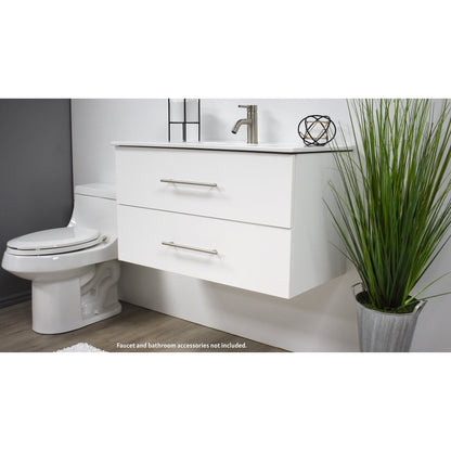 Volpa USA Napa 36" White Wall-Mounted Floating Modern Bathroom Vanity With Integrated Ceramic Top and Satin Nickel Round Handles