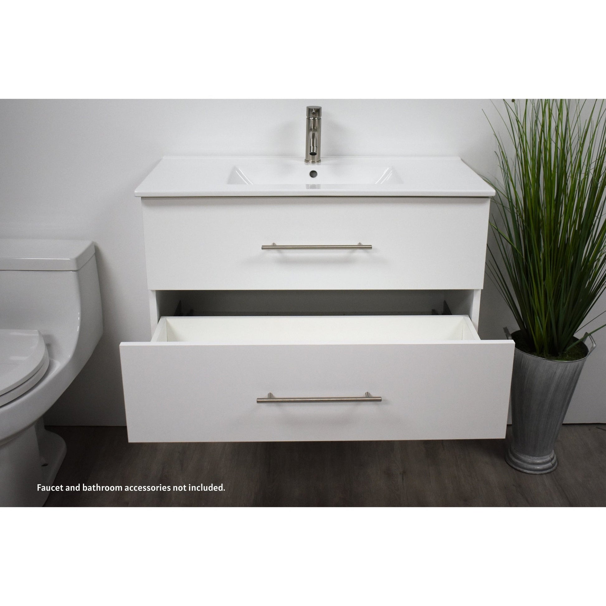 Volpa USA Napa 36" White Wall-Mounted Floating Modern Bathroom Vanity With Integrated Ceramic Top and Satin Nickel Round Handles