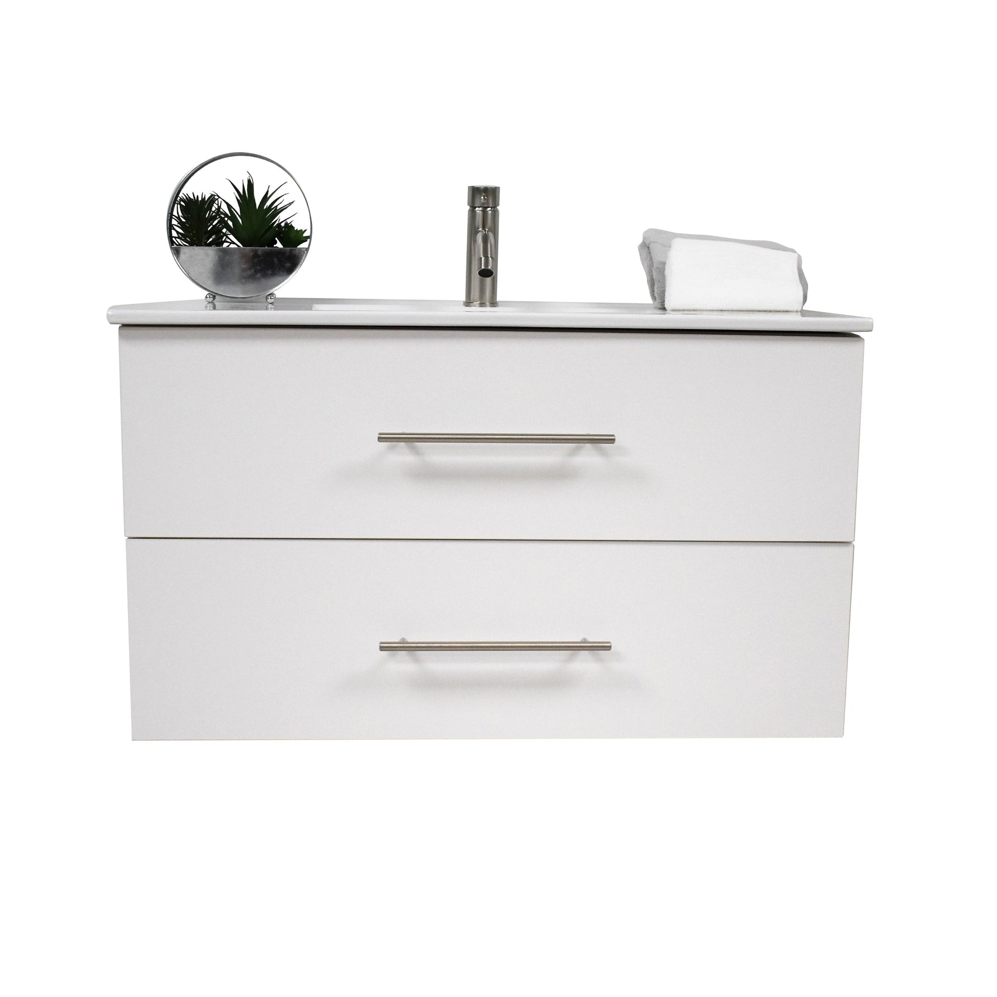 Volpa USA Napa 36" White Wall-Mounted Floating Modern Bathroom Vanity With Integrated Ceramic Top and Satin Nickel Round Handles