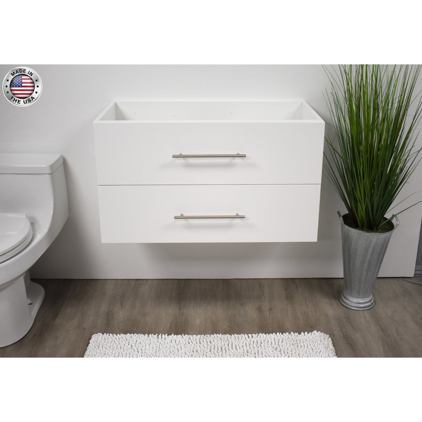 Volpa USA Napa 36" White Wall-Mounted Floating Modern Bathroom Vanity With Satin Nickel Round Handles