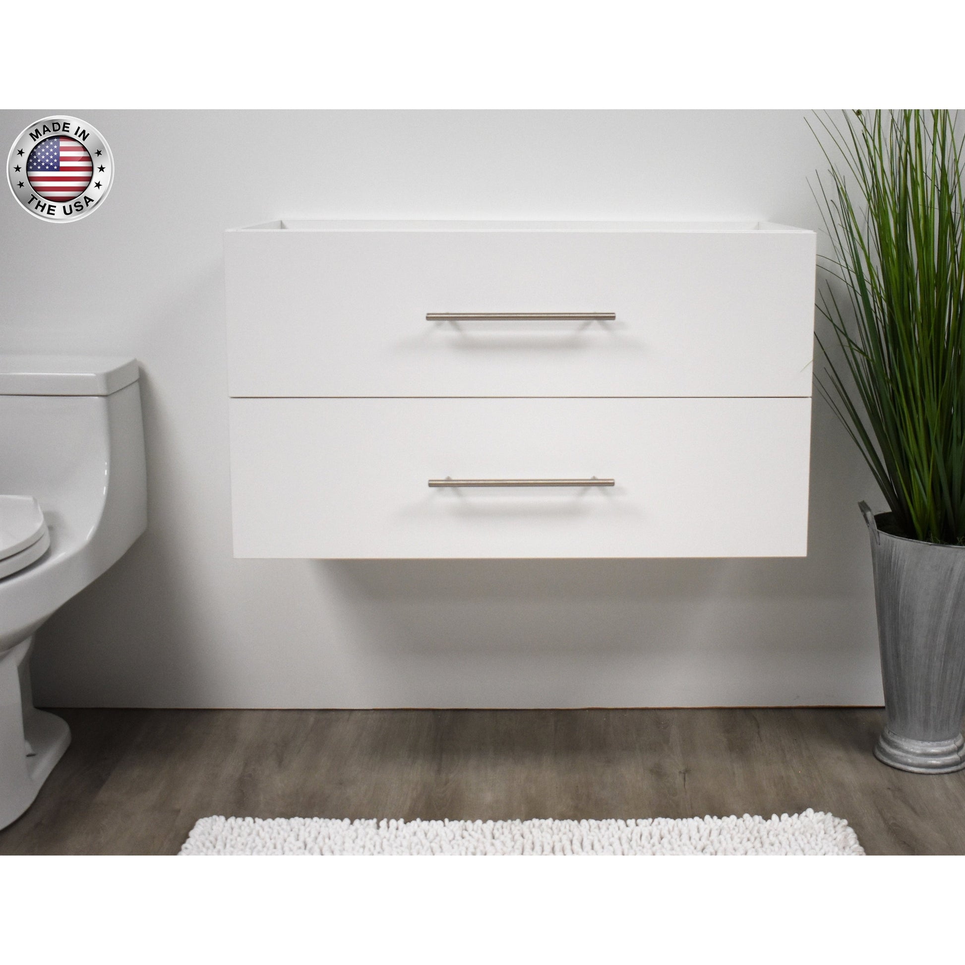 Volpa USA Napa 36" White Wall-Mounted Floating Modern Bathroom Vanity With Satin Nickel Round Handles