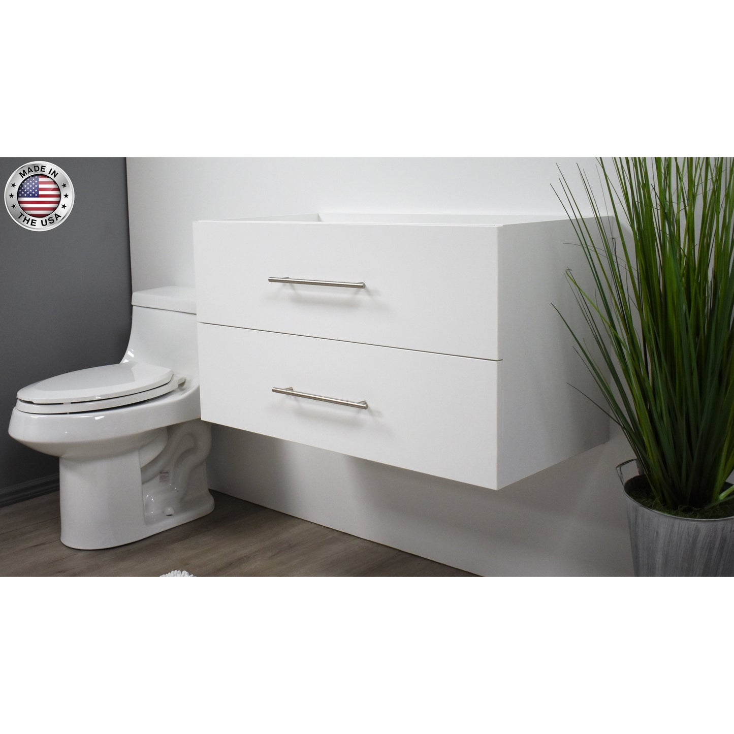 Volpa USA Napa 36" White Wall-Mounted Floating Modern Bathroom Vanity With Satin Nickel Round Handles