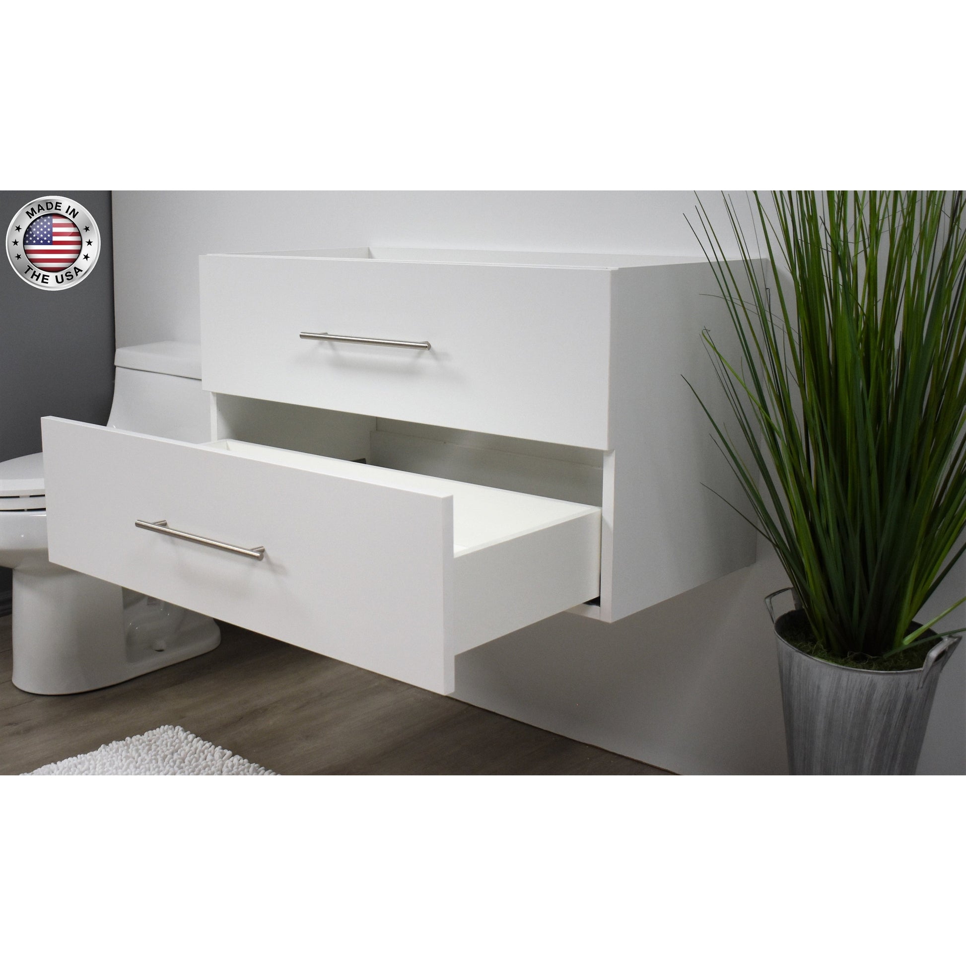 Volpa USA Napa 36" White Wall-Mounted Floating Modern Bathroom Vanity With Satin Nickel Round Handles