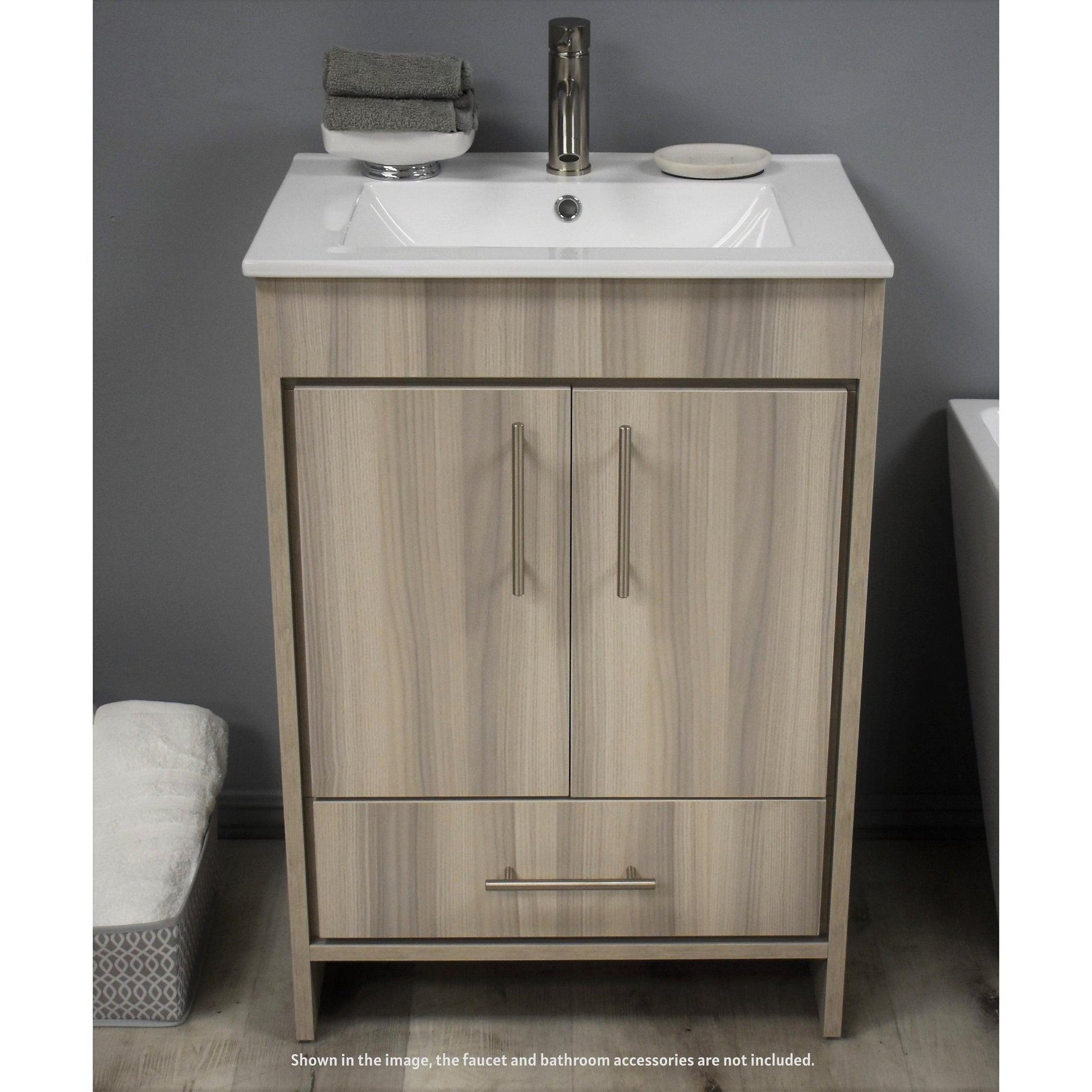 Volpa USA Pacific 24” Ash Gray Freestanding Modern Bathroom Vanity With Integrated Ceramic Top and Brushed Nickel Round Handles