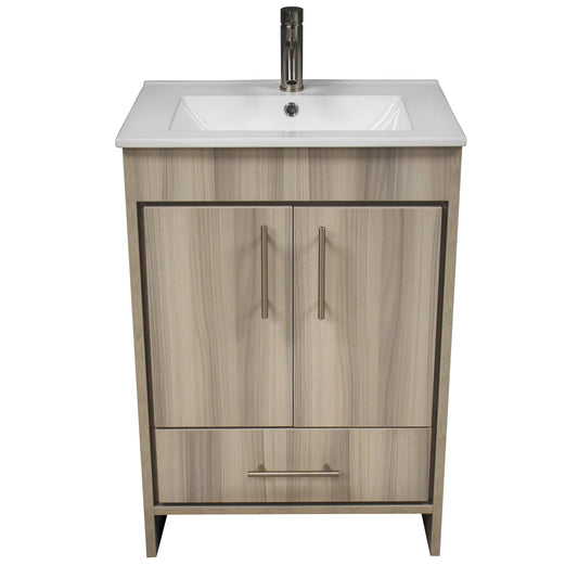 Volpa USA Pacific 24” Ash Gray Freestanding Modern Bathroom Vanity With Integrated Ceramic Top and Brushed Nickel Round Handles