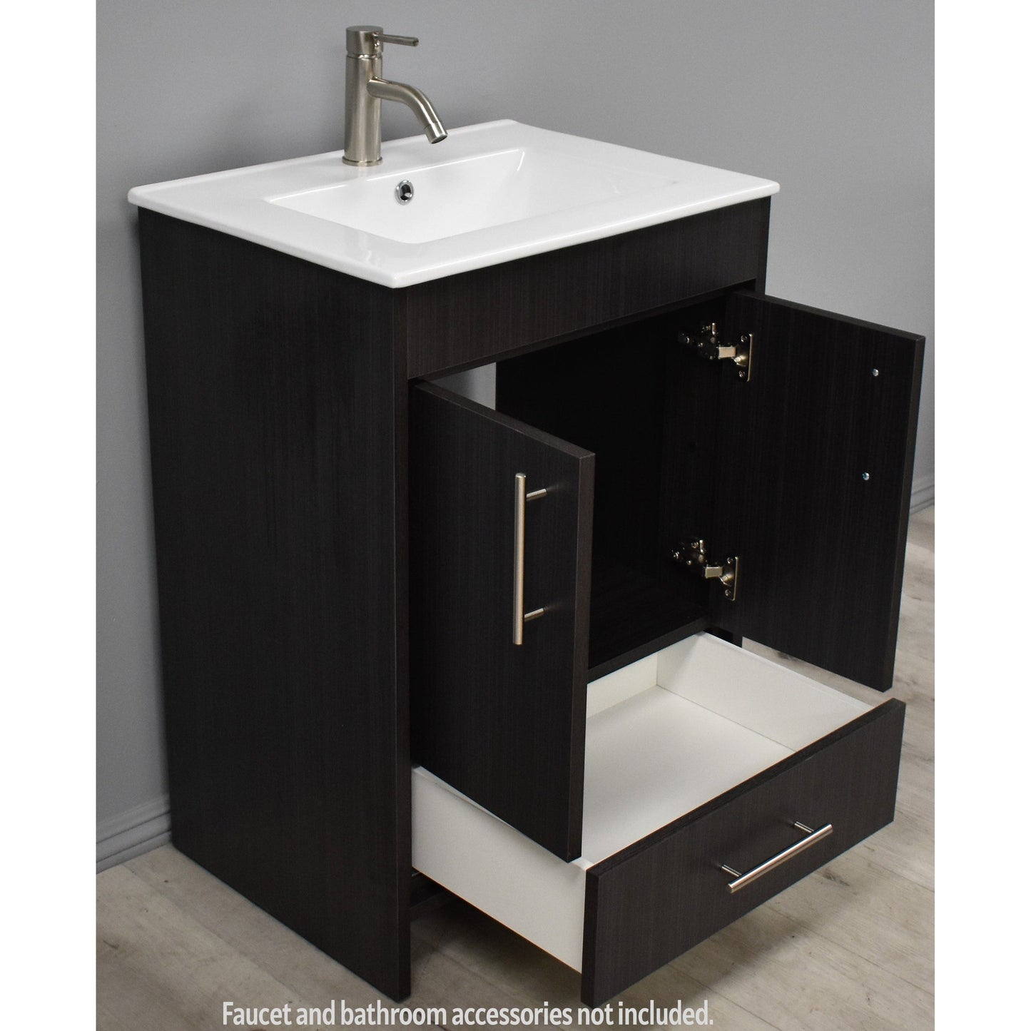 Volpa USA Pacific 24" Black Ash Freestanding Modern Bathroom Vanity With Integrated Ceramic Top and Brushed Nickel Round Handles