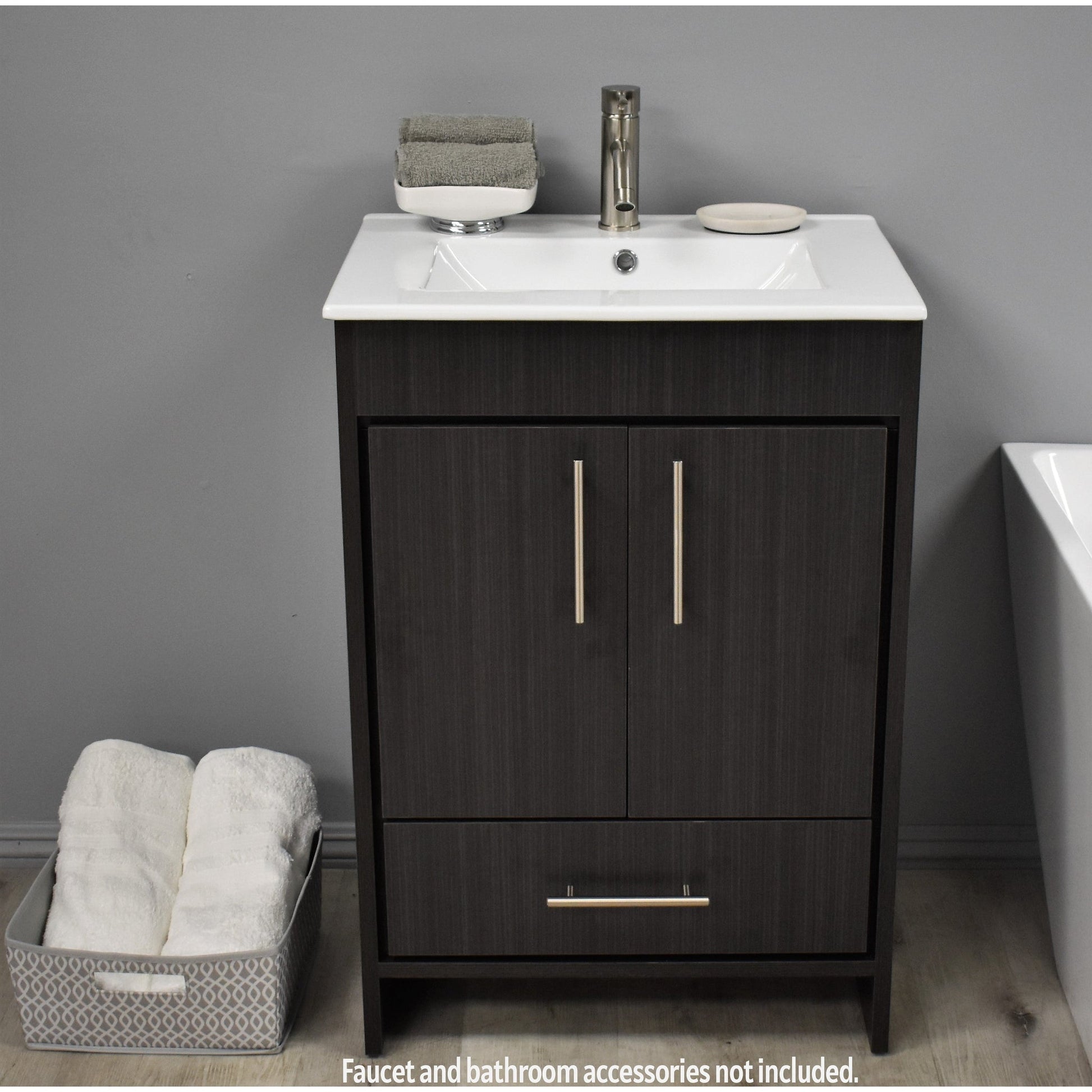 Volpa USA Pacific 24" Black Ash Freestanding Modern Bathroom Vanity With Integrated Ceramic Top and Brushed Nickel Round Handles