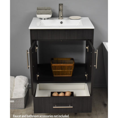 Volpa USA Pacific 24" Black Ash Freestanding Modern Bathroom Vanity With Integrated Ceramic Top and Brushed Nickel Round Handles