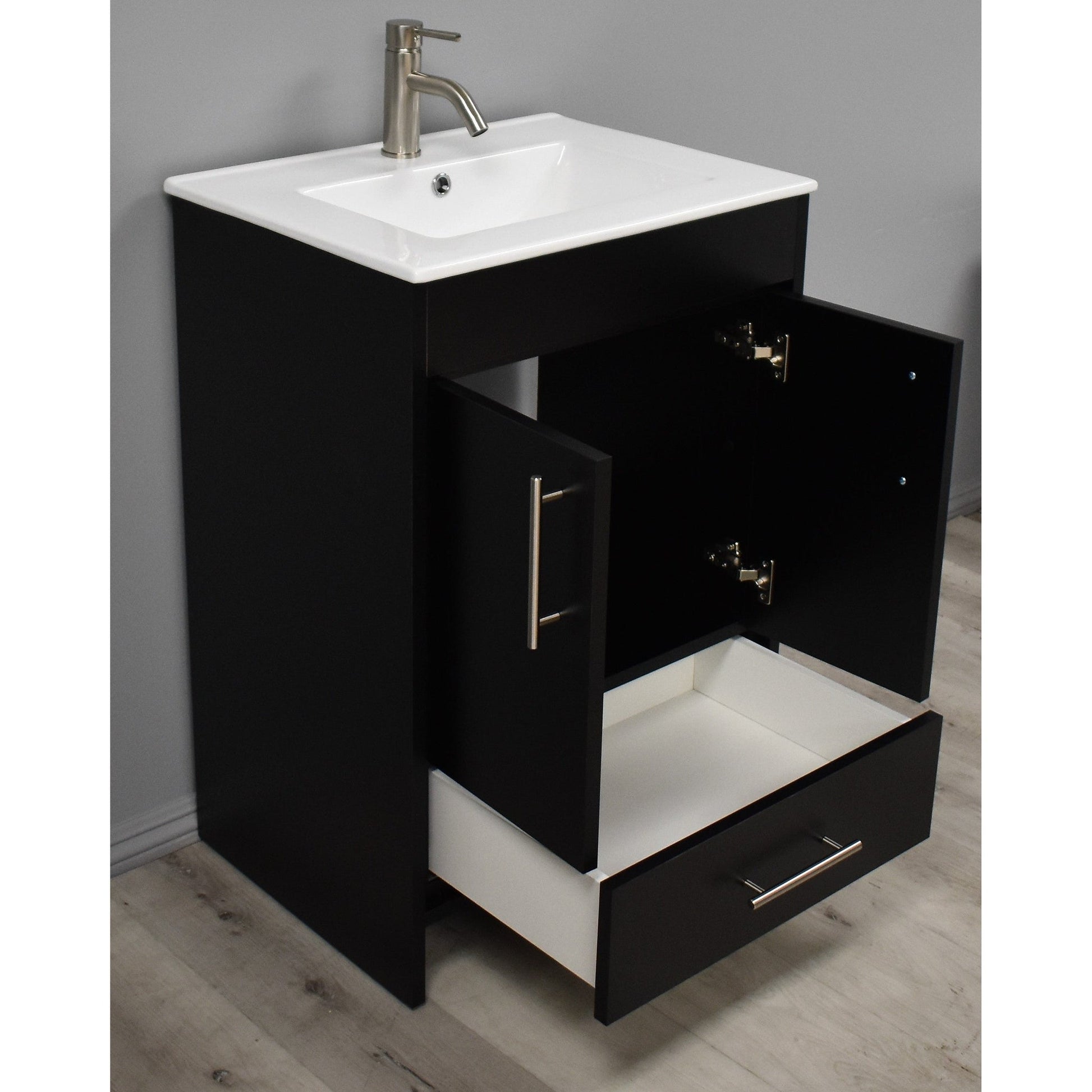 Volpa USA Pacific 24" Black Freestanding Modern Bathroom Vanity With Integrated Ceramic Top and Brushed Nickel Round Handles