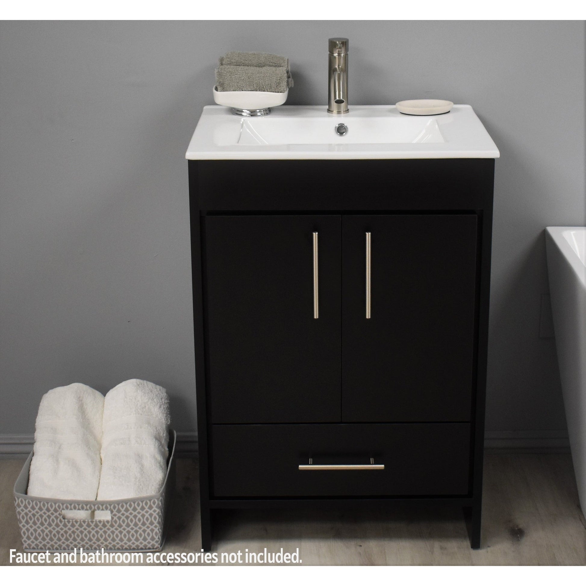 Volpa USA Pacific 24" Black Freestanding Modern Bathroom Vanity With Integrated Ceramic Top and Brushed Nickel Round Handles