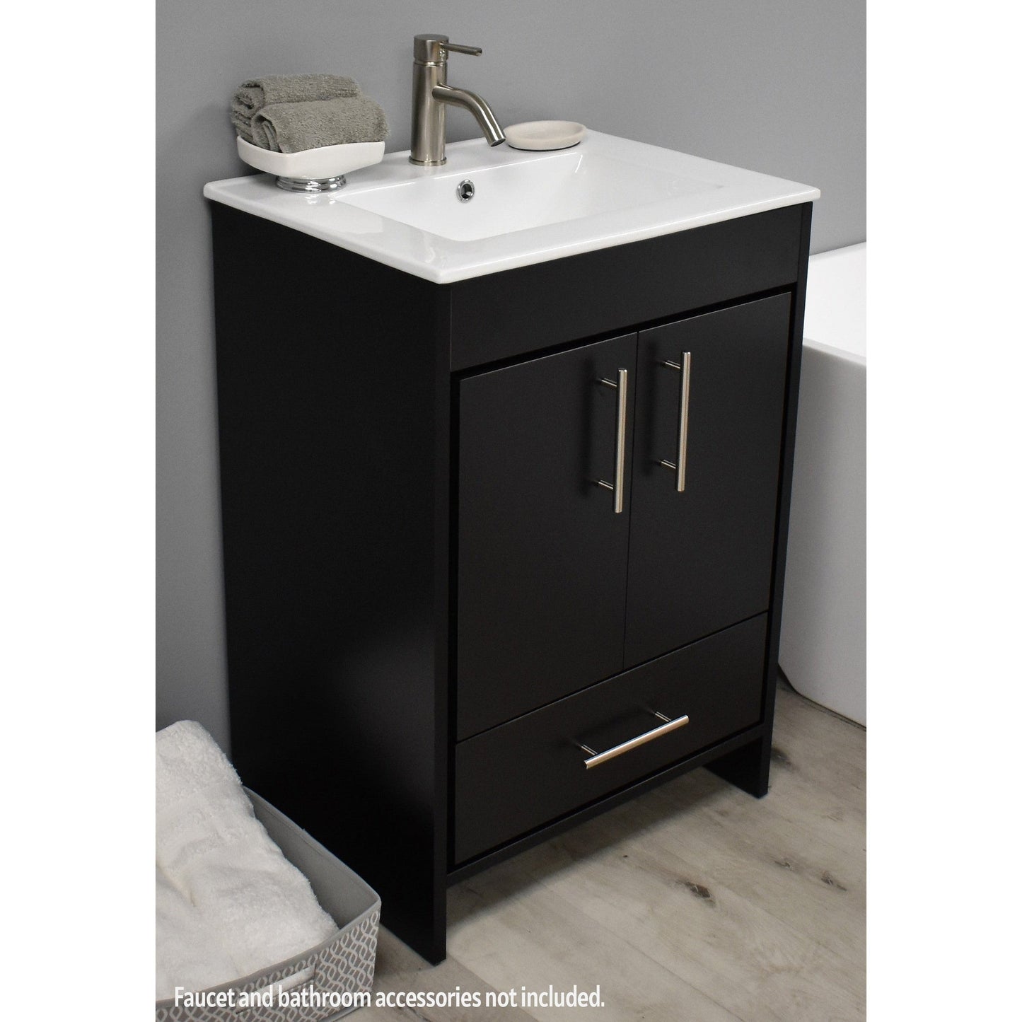 Volpa USA Pacific 24" Black Freestanding Modern Bathroom Vanity With Integrated Ceramic Top and Brushed Nickel Round Handles