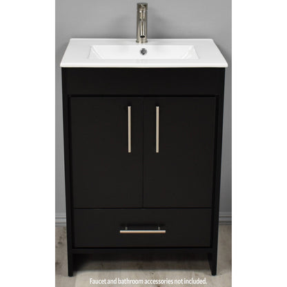 Volpa USA Pacific 24" Black Freestanding Modern Bathroom Vanity With Integrated Ceramic Top and Brushed Nickel Round Handles