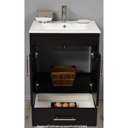 Volpa USA Pacific 24" Black Freestanding Modern Bathroom Vanity With Integrated Ceramic Top and Brushed Nickel Round Handles