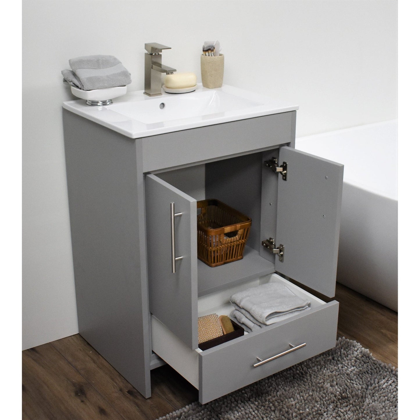 Volpa USA Pacific 24" Gray Freestanding Modern Bathroom Vanity With Integrated Ceramic Top and Brushed Nickel Round Handles