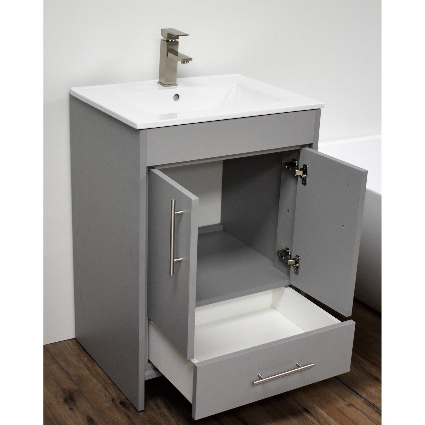 Volpa USA Pacific 24" Gray Freestanding Modern Bathroom Vanity With Integrated Ceramic Top and Brushed Nickel Round Handles