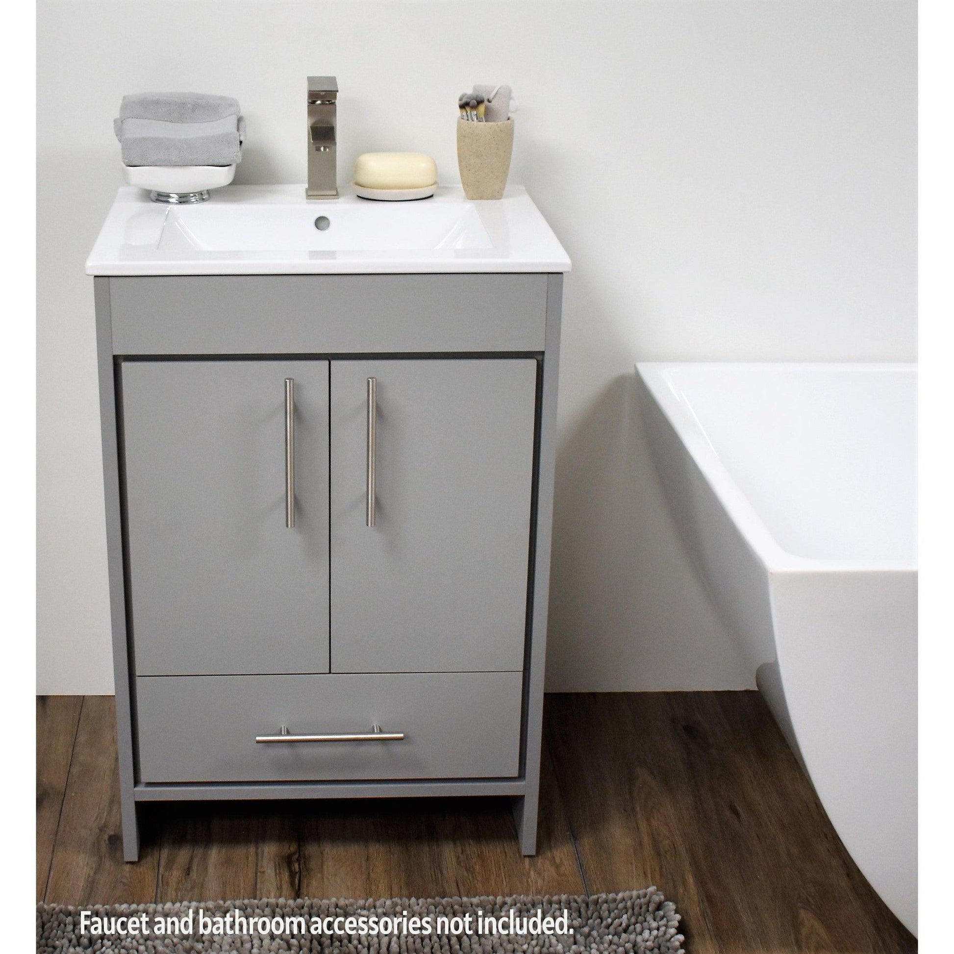 Volpa USA Pacific 24" Gray Freestanding Modern Bathroom Vanity With Integrated Ceramic Top and Brushed Nickel Round Handles