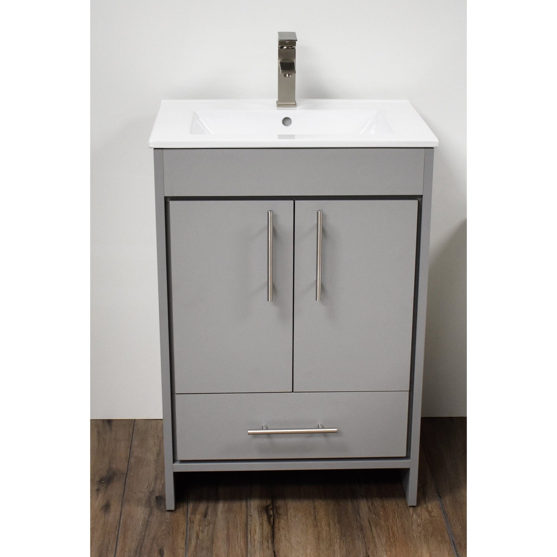 Volpa USA Pacific 24" Gray Freestanding Modern Bathroom Vanity With Integrated Ceramic Top and Brushed Nickel Round Handles