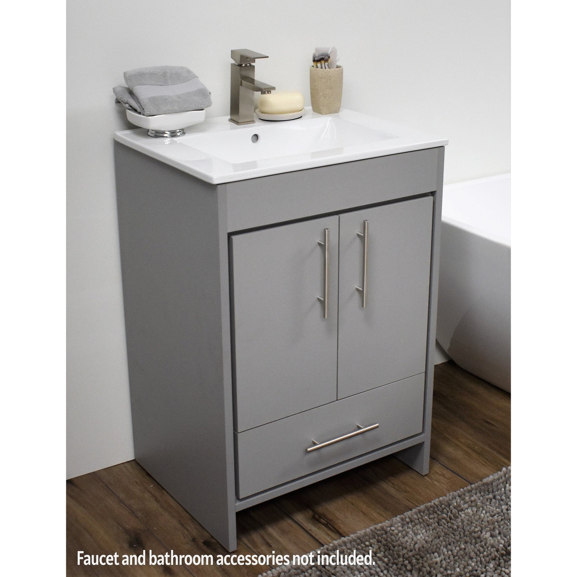 Volpa USA Pacific 24" Gray Freestanding Modern Bathroom Vanity With Integrated Ceramic Top and Brushed Nickel Round Handles