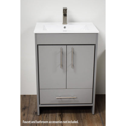 Volpa USA Pacific 24" Gray Freestanding Modern Bathroom Vanity With Integrated Ceramic Top and Brushed Nickel Round Handles