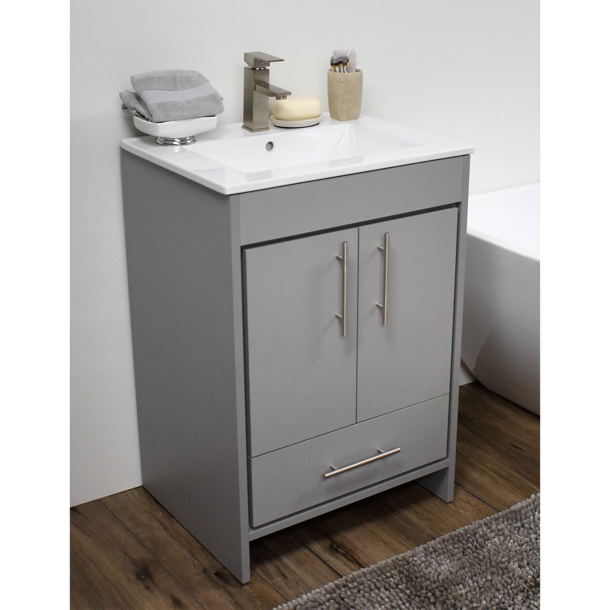 Volpa USA Pacific 24" Gray Freestanding Modern Bathroom Vanity With Integrated Ceramic Top and Brushed Nickel Round Handles