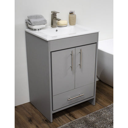 Volpa USA Pacific 24" Gray Freestanding Modern Bathroom Vanity With Integrated Ceramic Top and Brushed Nickel Round Handles