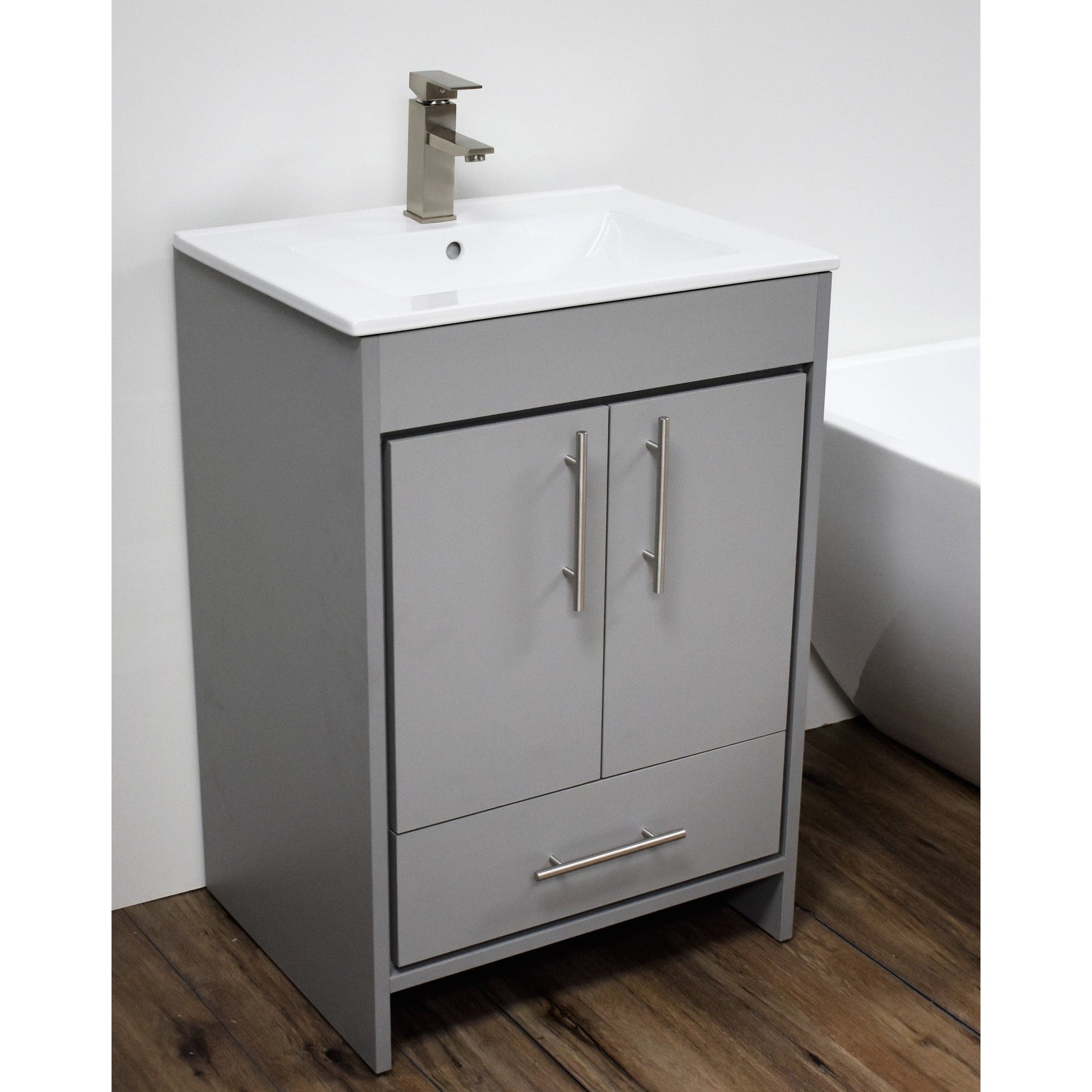 Volpa USA Pacific 24" Gray Freestanding Modern Bathroom Vanity With Integrated Ceramic Top and Brushed Nickel Round Handles