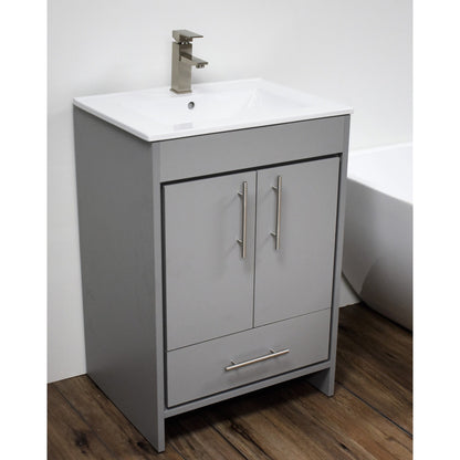 Volpa USA Pacific 24" Gray Freestanding Modern Bathroom Vanity With Integrated Ceramic Top and Brushed Nickel Round Handles