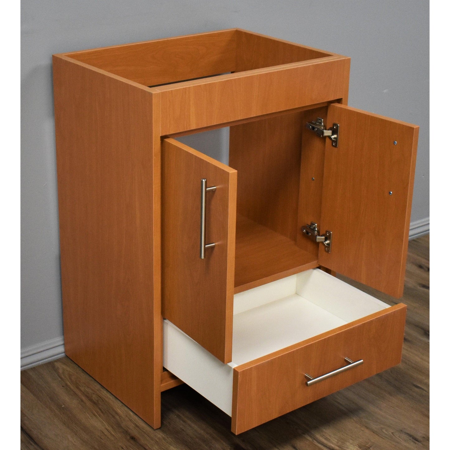 Volpa USA Pacific 24" Honey Maple Freestanding Modern Bathroom Vanity With Brushed Nickel Round Handles Cabinet Only