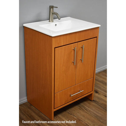 Volpa USA Pacific 24" Honey Maple Freestanding Modern Bathroom Vanity With Integrated Ceramic Top and Brushed Nickel Round Handles