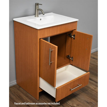 Volpa USA Pacific 24" Honey Maple Freestanding Modern Bathroom Vanity With Integrated Ceramic Top and Brushed Nickel Round Handles