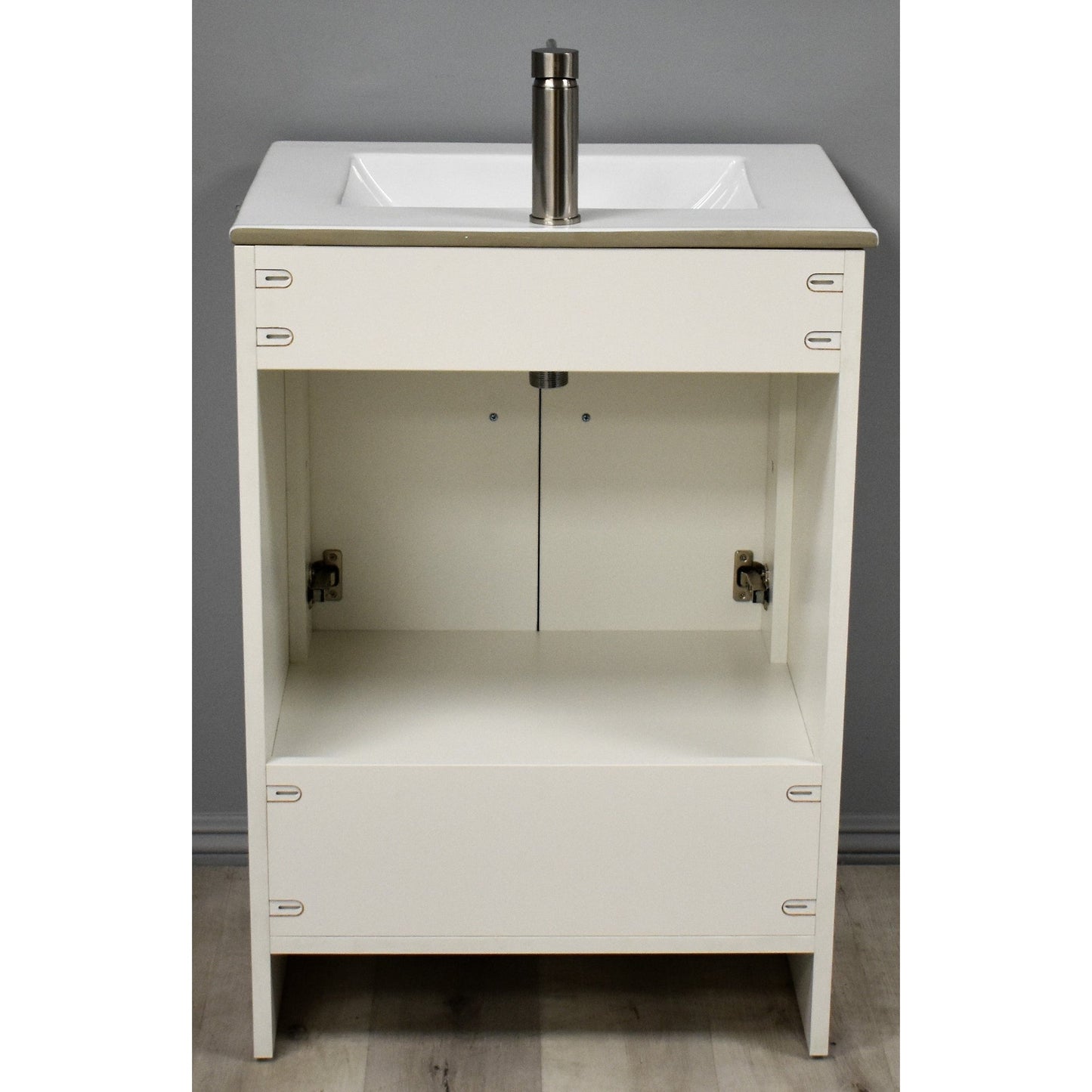 Volpa USA Pacific 24" Soft White Freestanding Modern Bathroom Vanity With Integrated Ceramic Top and Brushed Nickel Round Handles