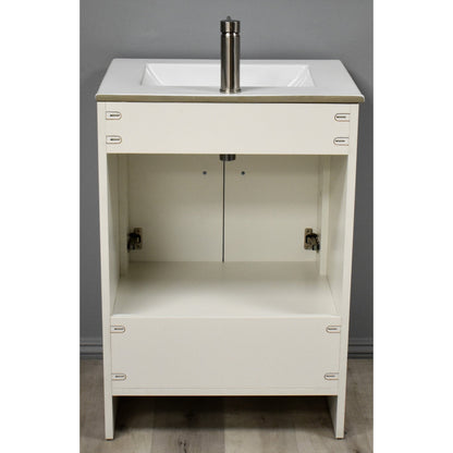 Volpa USA Pacific 24" Soft White Freestanding Modern Bathroom Vanity With Integrated Ceramic Top and Brushed Nickel Round Handles