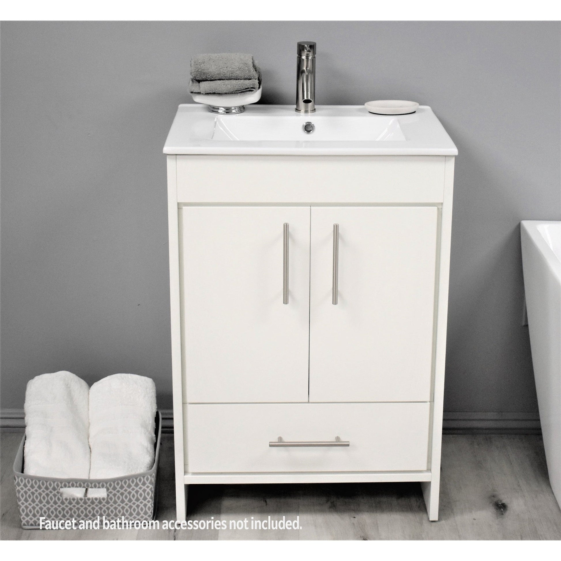 24 Modern White Floating Bathroom Vanity with Drawer Shelf Integral Single Ceramic Sink