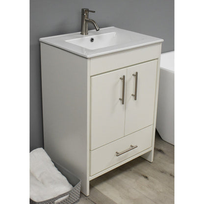 Volpa USA Pacific 24" Soft White Freestanding Modern Bathroom Vanity With Integrated Ceramic Top and Brushed Nickel Round Handles