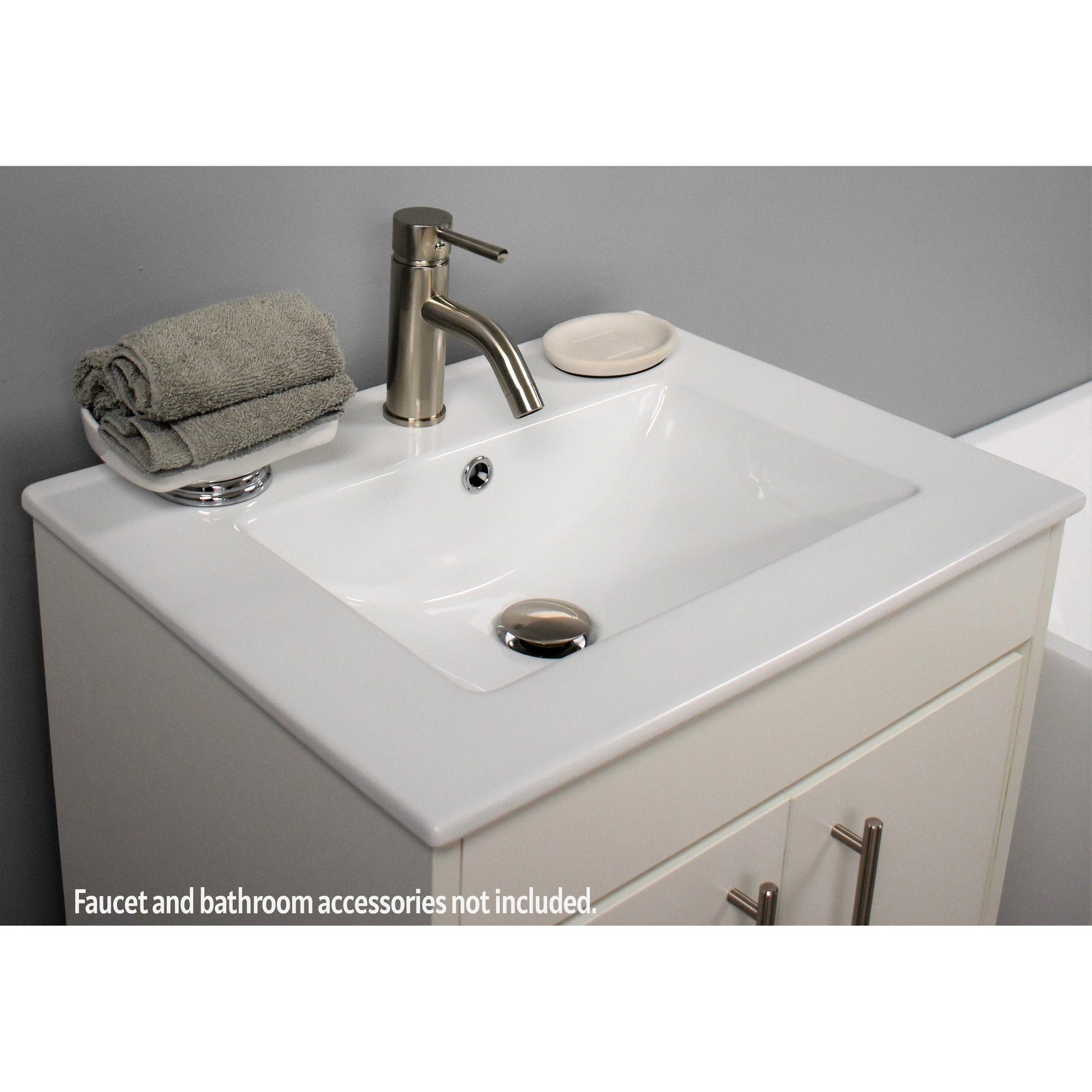 Volpa USA Pacific 24" Soft White Freestanding Modern Bathroom Vanity With Integrated Ceramic Top and Brushed Nickel Round Handles