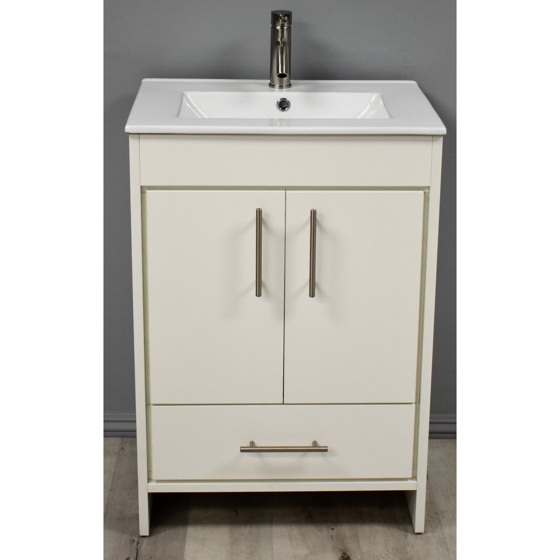 Volpa USA Pacific 24" Soft White Freestanding Modern Bathroom Vanity With Integrated Ceramic Top and Brushed Nickel Round Handles