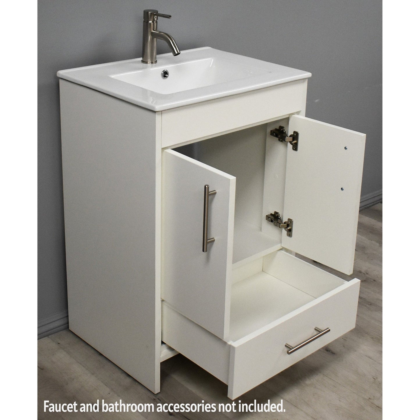 Volpa USA Pacific 24" Soft White Freestanding Modern Bathroom Vanity With Integrated Ceramic Top and Brushed Nickel Round Handles