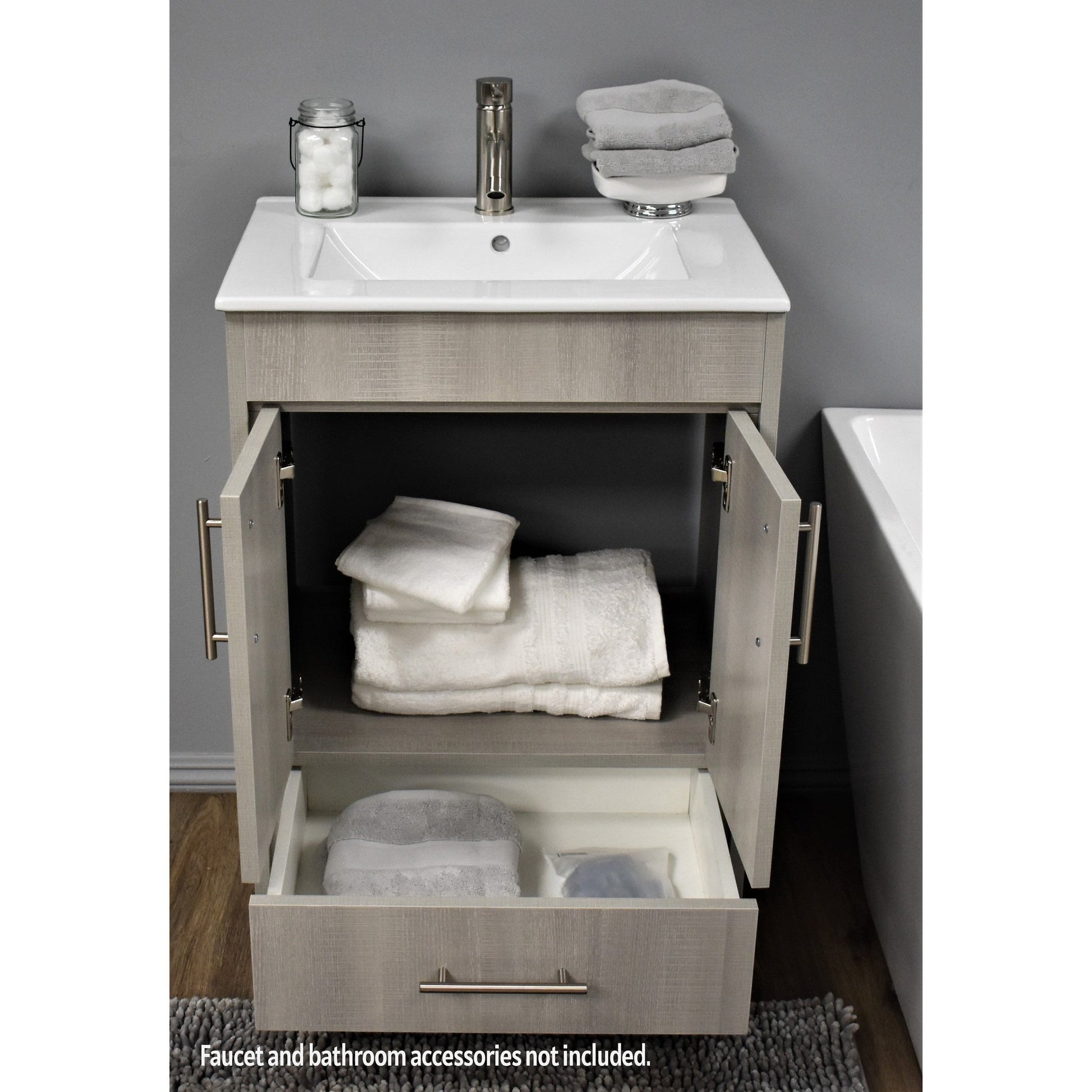 Volpa USA Pacific 24" Weathered Gray Freestanding Modern Bathroom Vanity With Integrated Ceramic Top and Brushed Nickel Round Handles