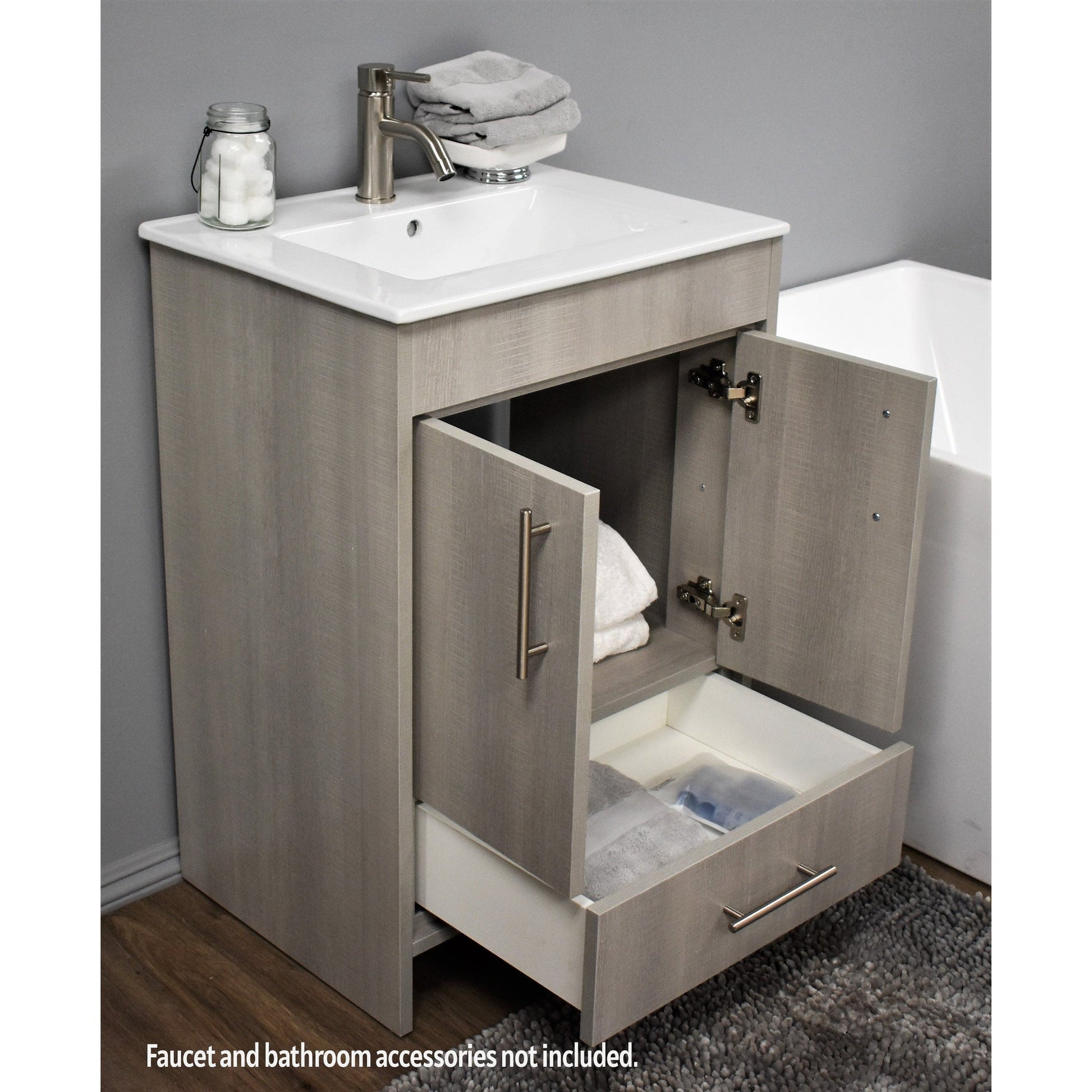 Volpa USA Pacific 24" Weathered Gray Freestanding Modern Bathroom Vanity With Integrated Ceramic Top and Brushed Nickel Round Handles