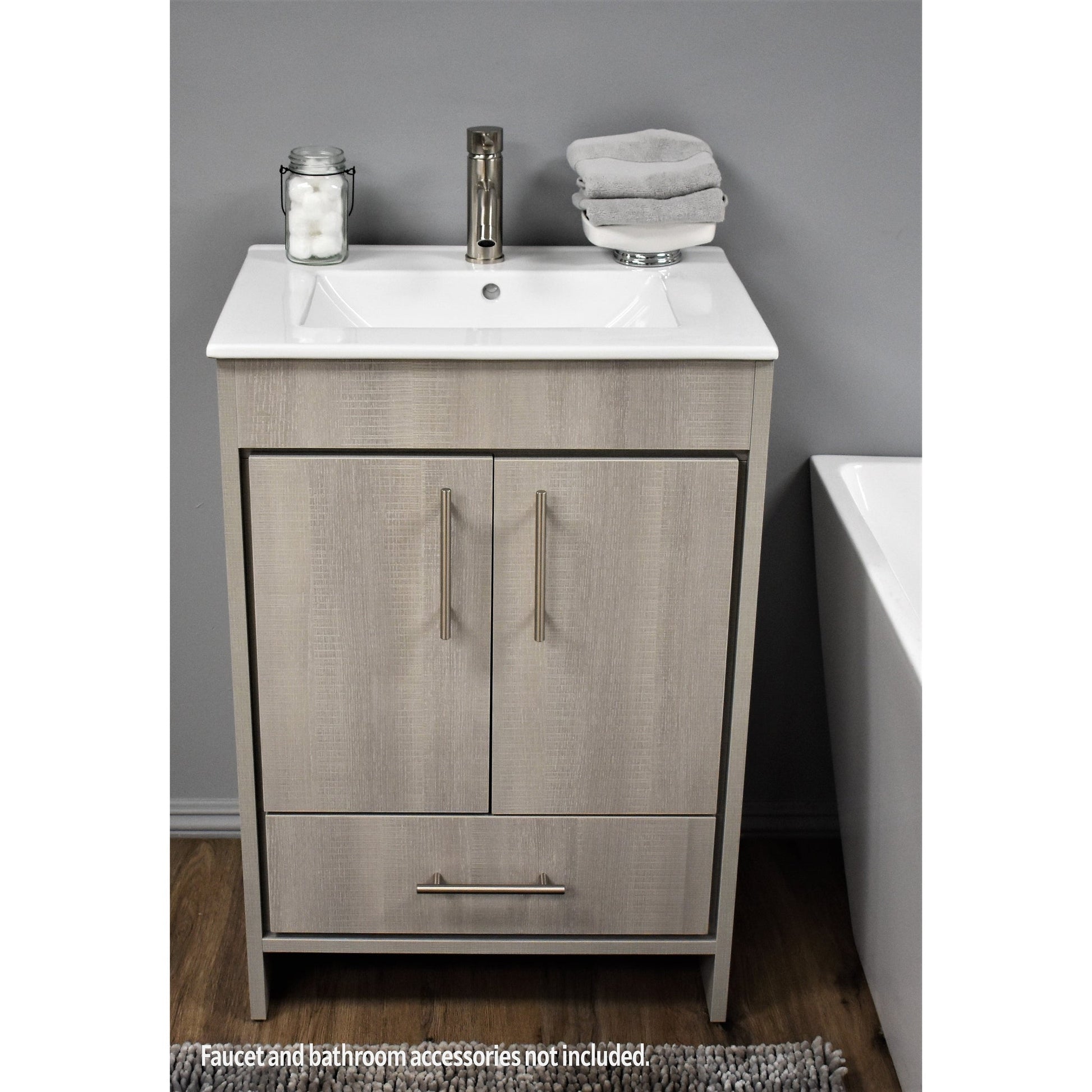 Volpa USA Pacific 24" Weathered Gray Freestanding Modern Bathroom Vanity With Integrated Ceramic Top and Brushed Nickel Round Handles