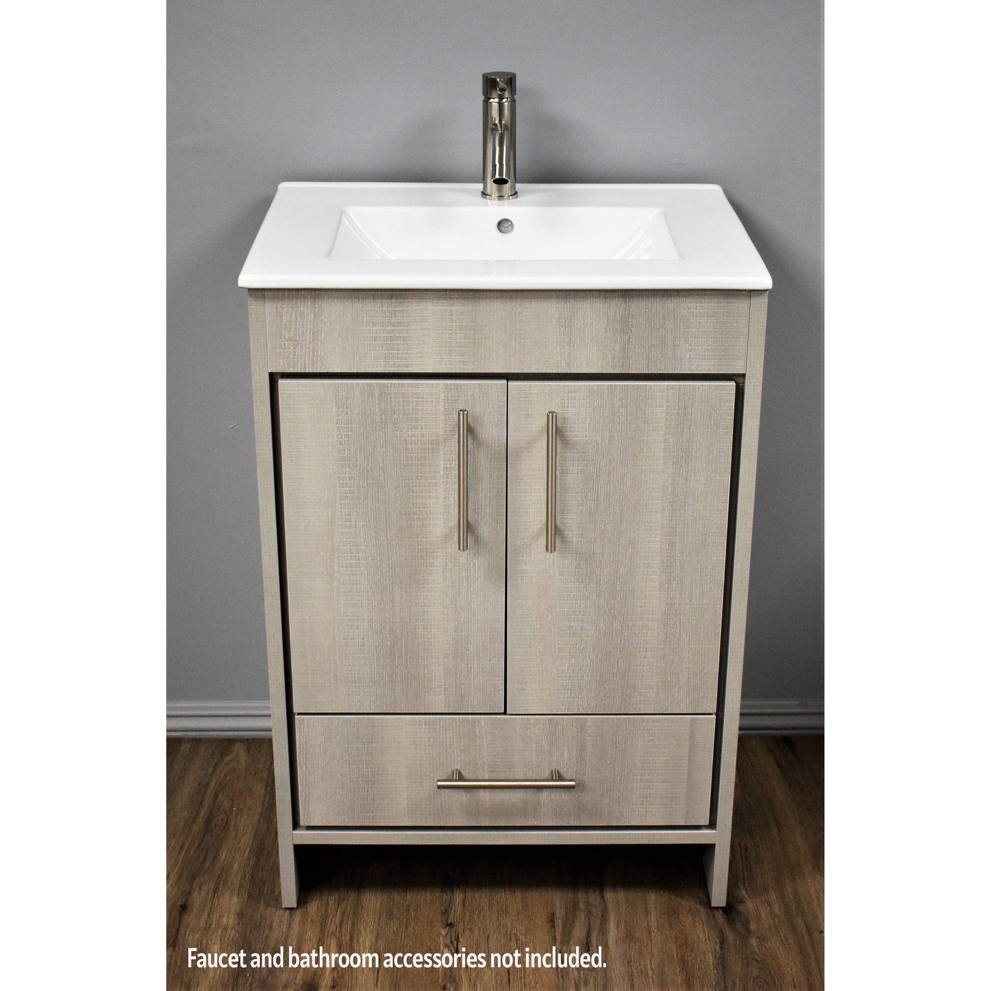 Volpa USA Pacific 24" Weathered Gray Freestanding Modern Bathroom Vanity With Integrated Ceramic Top and Brushed Nickel Round Handles