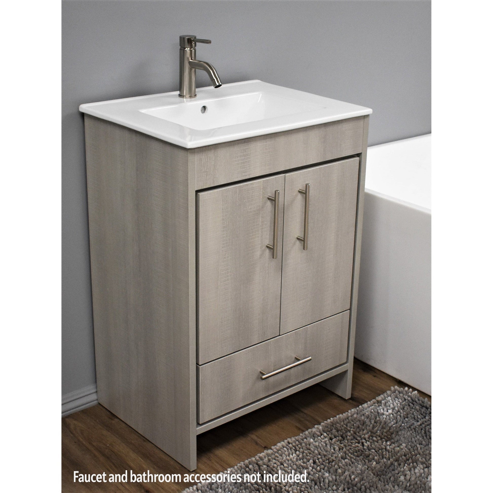 Volpa USA Pacific 24" Weathered Gray Freestanding Modern Bathroom Vanity With Integrated Ceramic Top and Brushed Nickel Round Handles