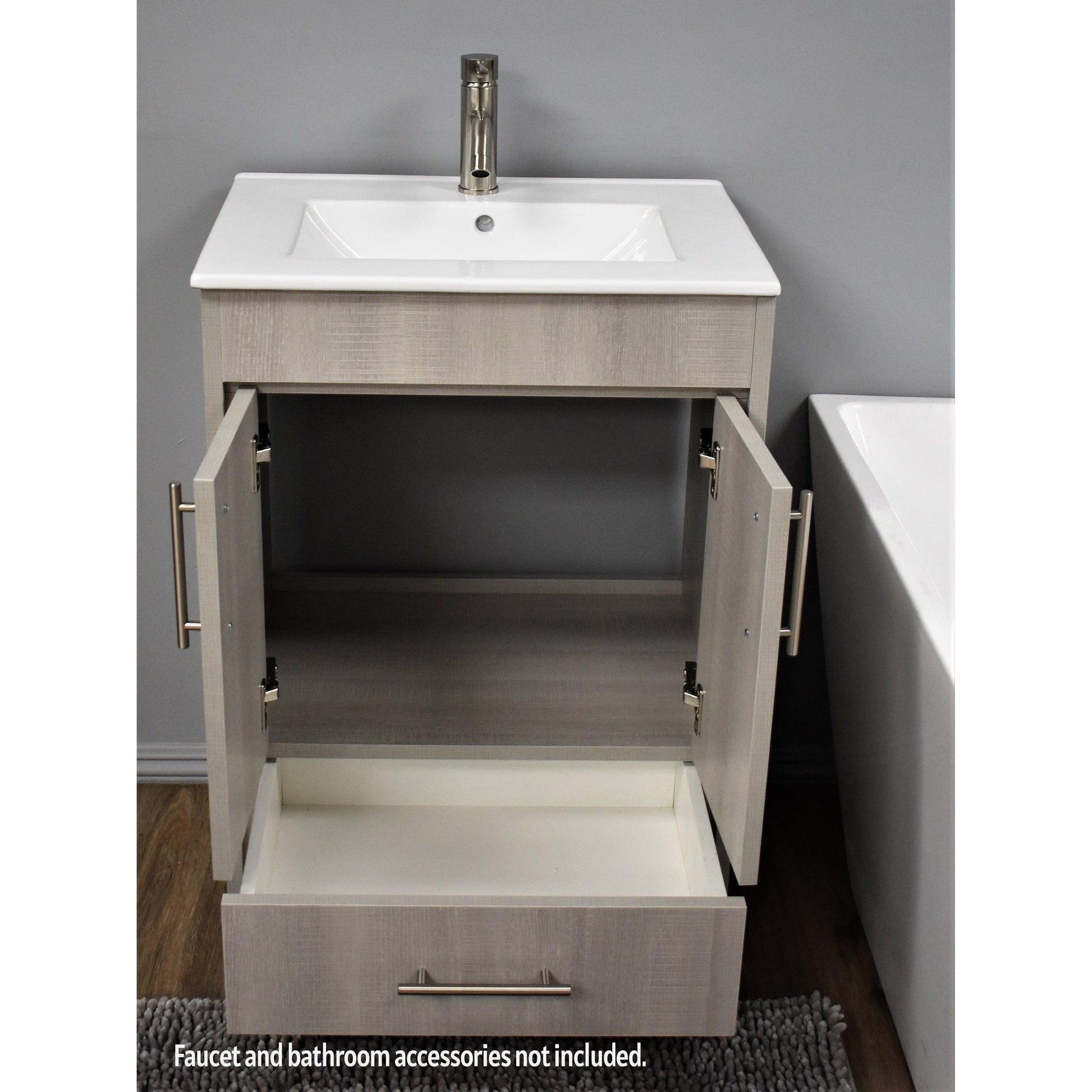 Volpa USA Pacific 24" Weathered Gray Freestanding Modern Bathroom Vanity With Integrated Ceramic Top and Brushed Nickel Round Handles