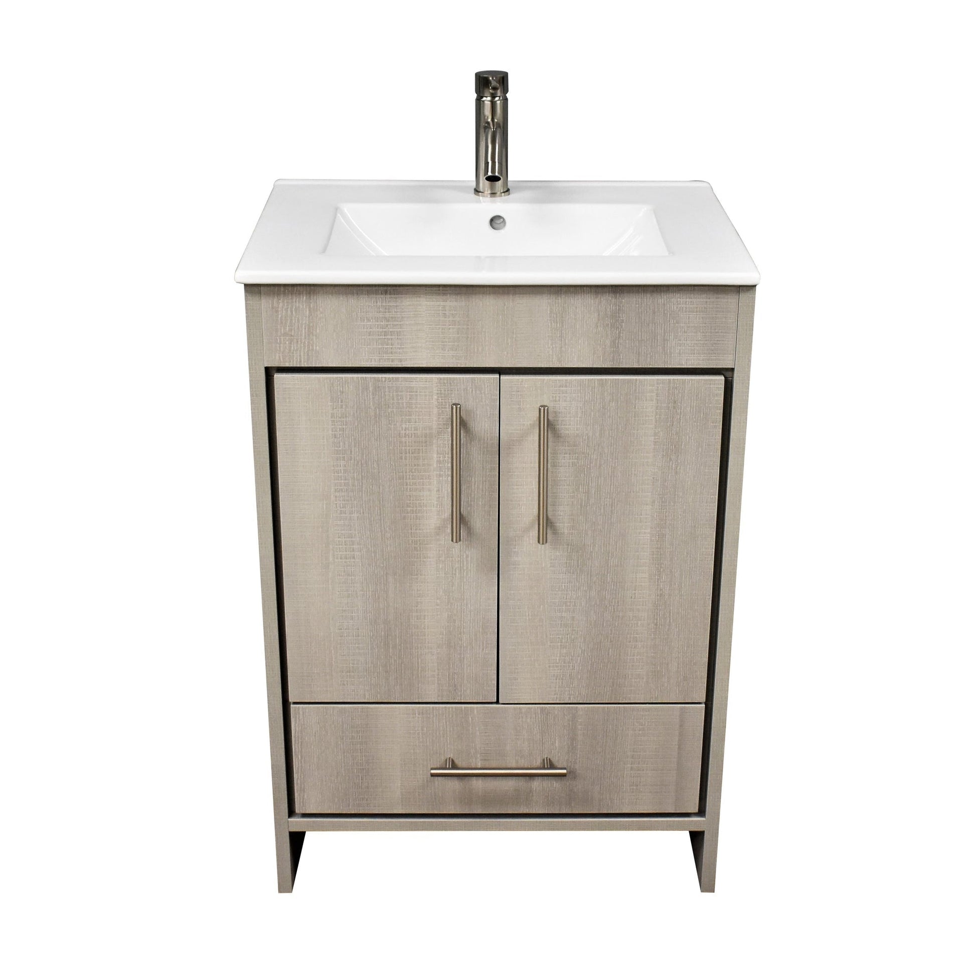 Volpa USA Pacific 24" Weathered Gray Freestanding Modern Bathroom Vanity With Integrated Ceramic Top and Brushed Nickel Round Handles