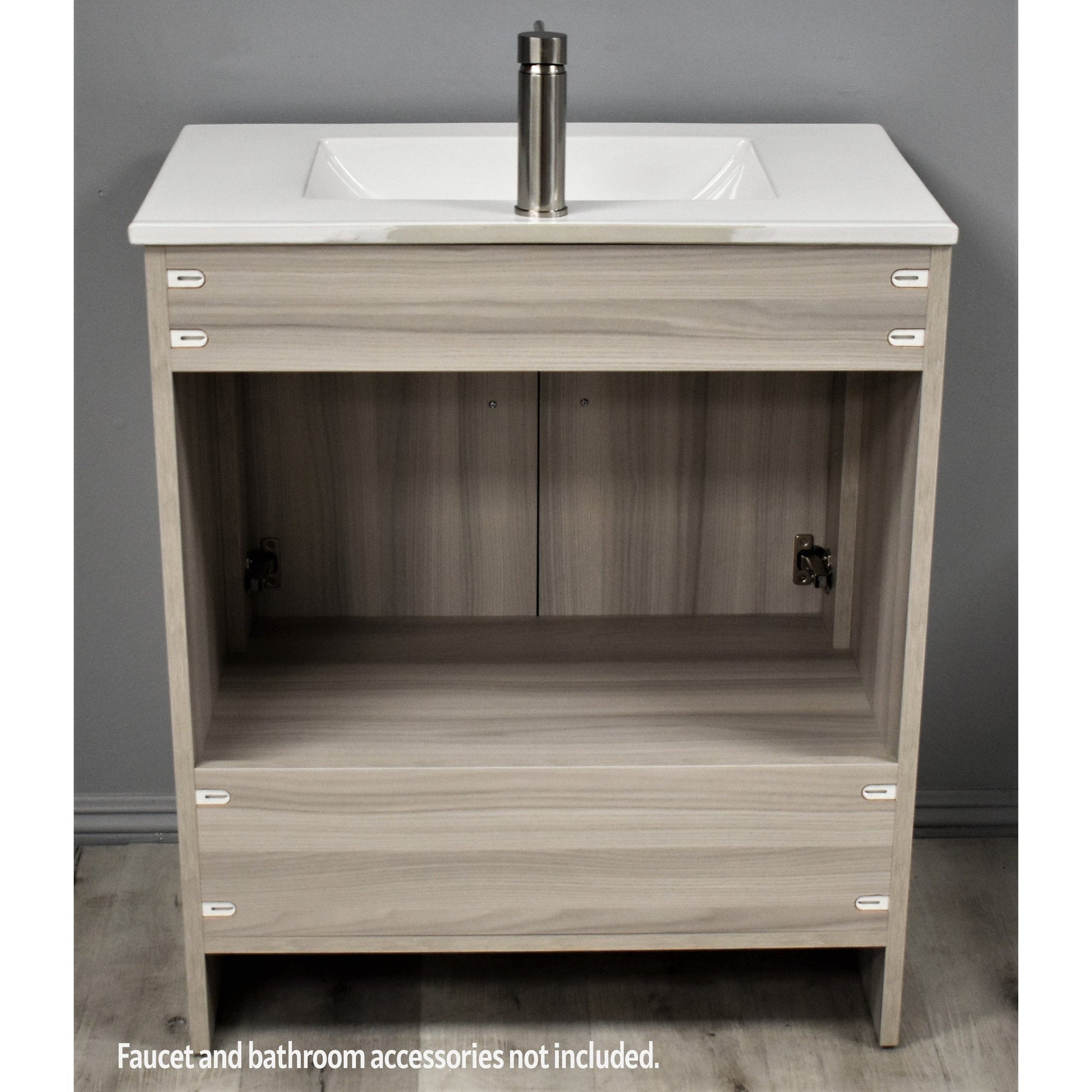 Volpa USA Pacific 30" Ash Gray Freestanding Modern Bathroom Vanity With Integrated Ceramic Top and Brushed Nickel Round Handles